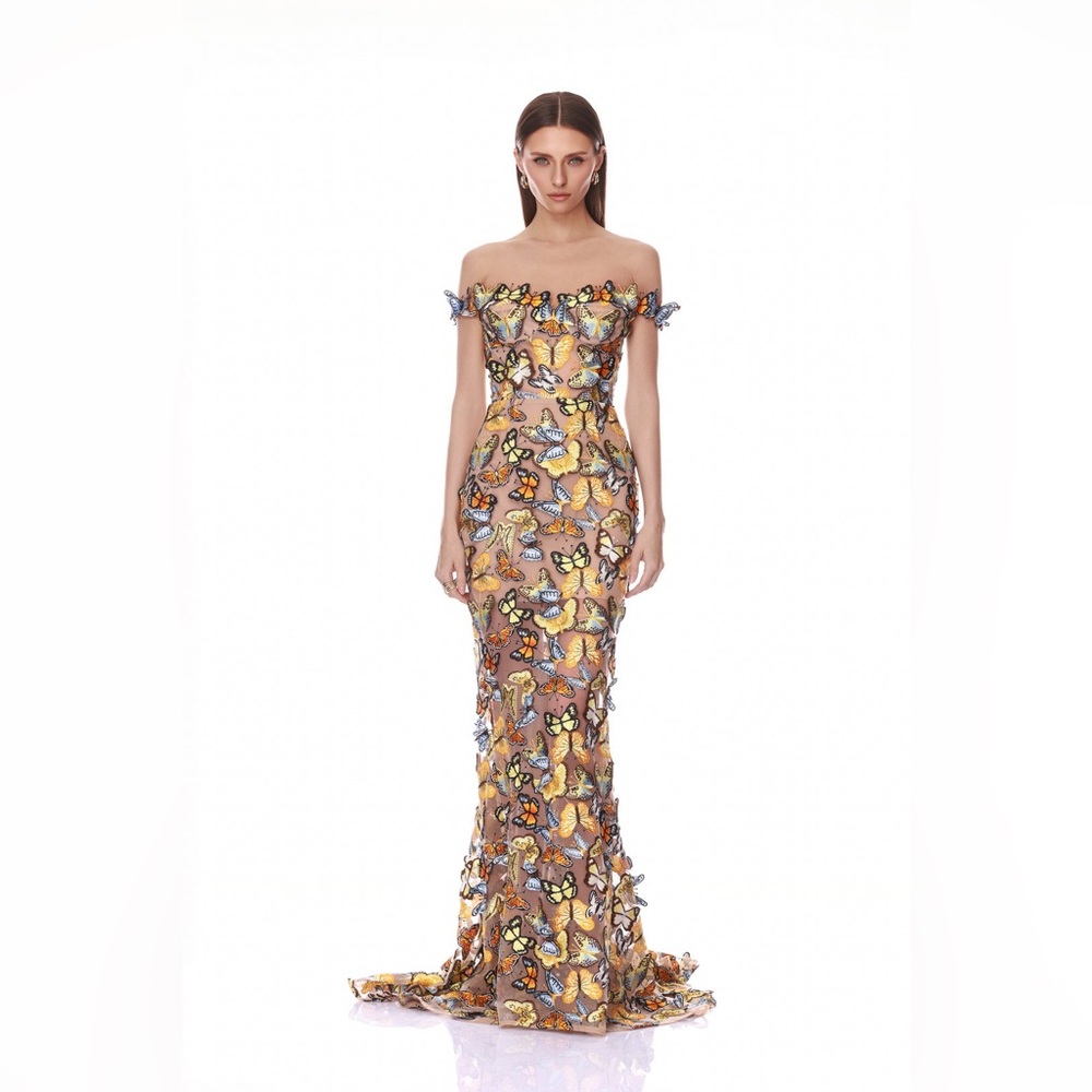 Bronx & Banco BELLA 3D BUTTERFLY JASMINE OFF THE SHOULDER GOWN XS NWOT